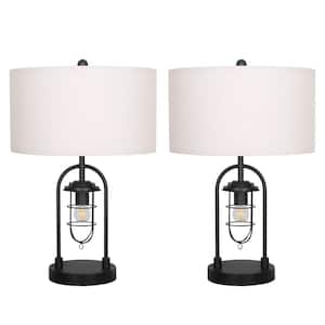 21 in. Industrial Black Table Lamp Set with Night Light and Bulds Included (Set of 2)