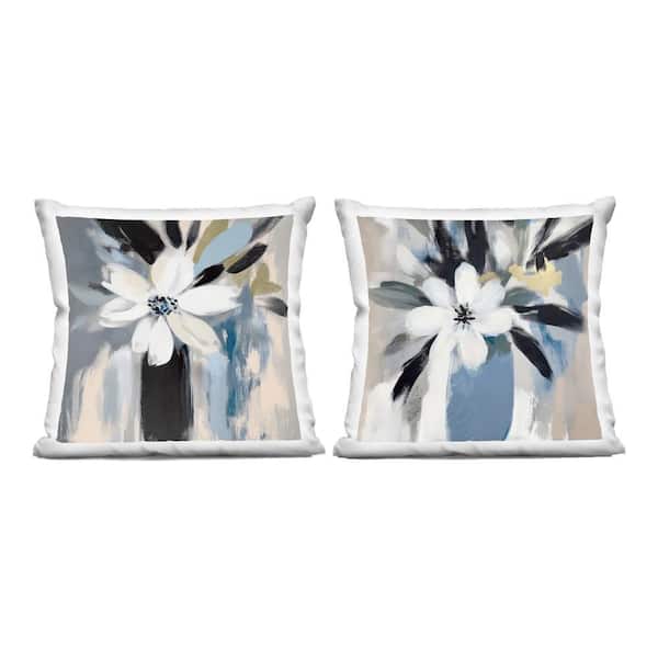 Timeless Florals in White Blue Abstract Zipper Polyester 18 in. x 18 in. Throw Pillow Set of 2