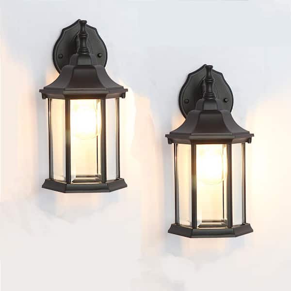 1-Light 12.2 in. Black Hardwired Outdoor Wall Light Lantern Porch Sconce with Clear Glass with Bulbs Included (2-Pack)
