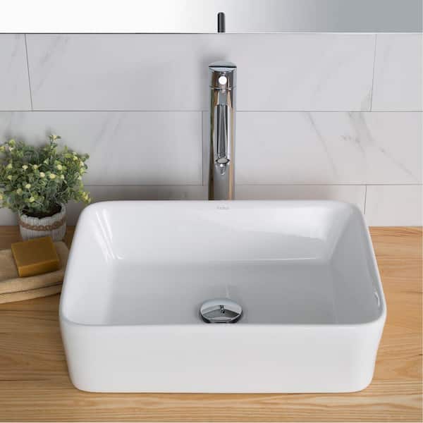 KRAUS Elavo 19.3 in. Rectangular Vessel Bathroom Sink in White Vitreous China with Pop-Up Drain and Faucet in Stainless Steel