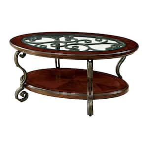 30 in. Brown Oval Glass Coffee Table with Scrolled Metal Legs