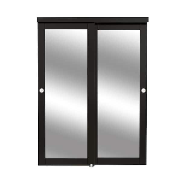 60 in. x 80 in. 1 Lite Mirror Glass Black Finished MDF Interior Closet Sliding Door with Hardware and Handles