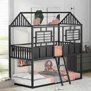 Black Twin over Twin Metal Bunk Bed with Roof and Fence-shaped Guardrail