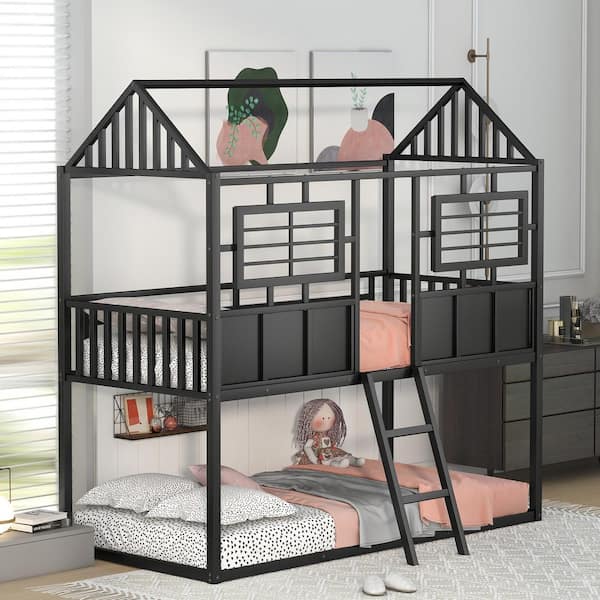 Harper & Bright Designs Black Twin over Twin Metal Bunk Bed with Roof and Fence-shaped Guardrail