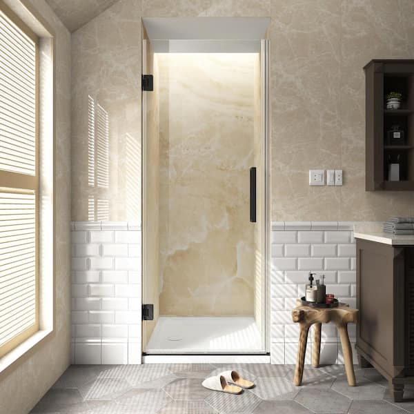 29 in. W x 72 in. H Hinged Frameless Shower Door in Black Finish with 3/8 in. (10mm) Clear and Tempered Glass
