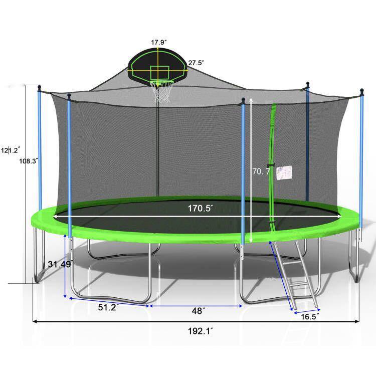 16 ft Green Outdoor Trampoline with Basketball Hoop and Safety Enclosure