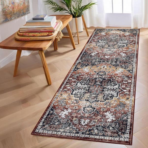 Ultra Thin Washable Red Brown 2 ft. x 6 ft. Vintage Printed Carpet Foldable Indoor Decorative Carpet Area Rug