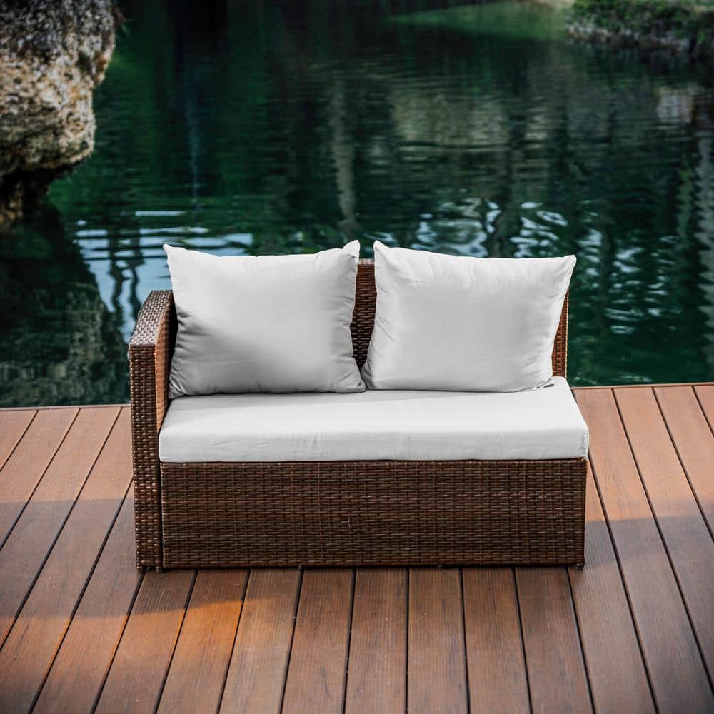 Brown Wicker 7-Piece Outdoor Dining Set with Off-White Cushions