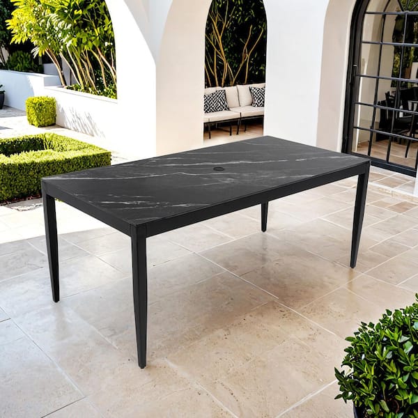 35.5 in. x 71 Black Outdoor Modern Patio Aluminum Dining Table, Black Marble Stone Top, Weatherproof, Umbrella hole