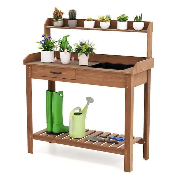 45 in. W x 50 in. H Brown Fir Wood Garden Potting Bench with Sink and Drawer