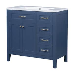 35.98 in. W Single Sink Freestanding Bath Vanity in Blue with White Ceramic Top, 3 Drawers and 1 Door