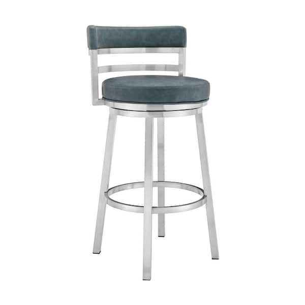 Benjara 30 in. Blue Low Back Metal Frame Barstool Chair with Faux Leather Seat