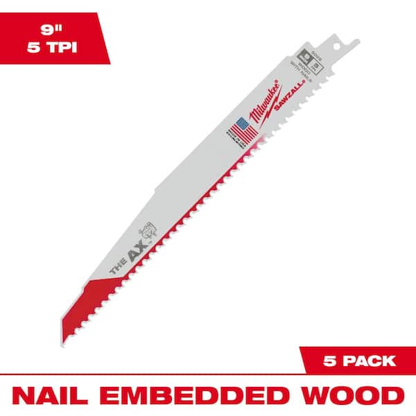 Milwaukee 9 in. 5 Teeth AX Nail Embedded Wood Cutting SAWZALL Reciprocating Saw Blades (5-Pack)