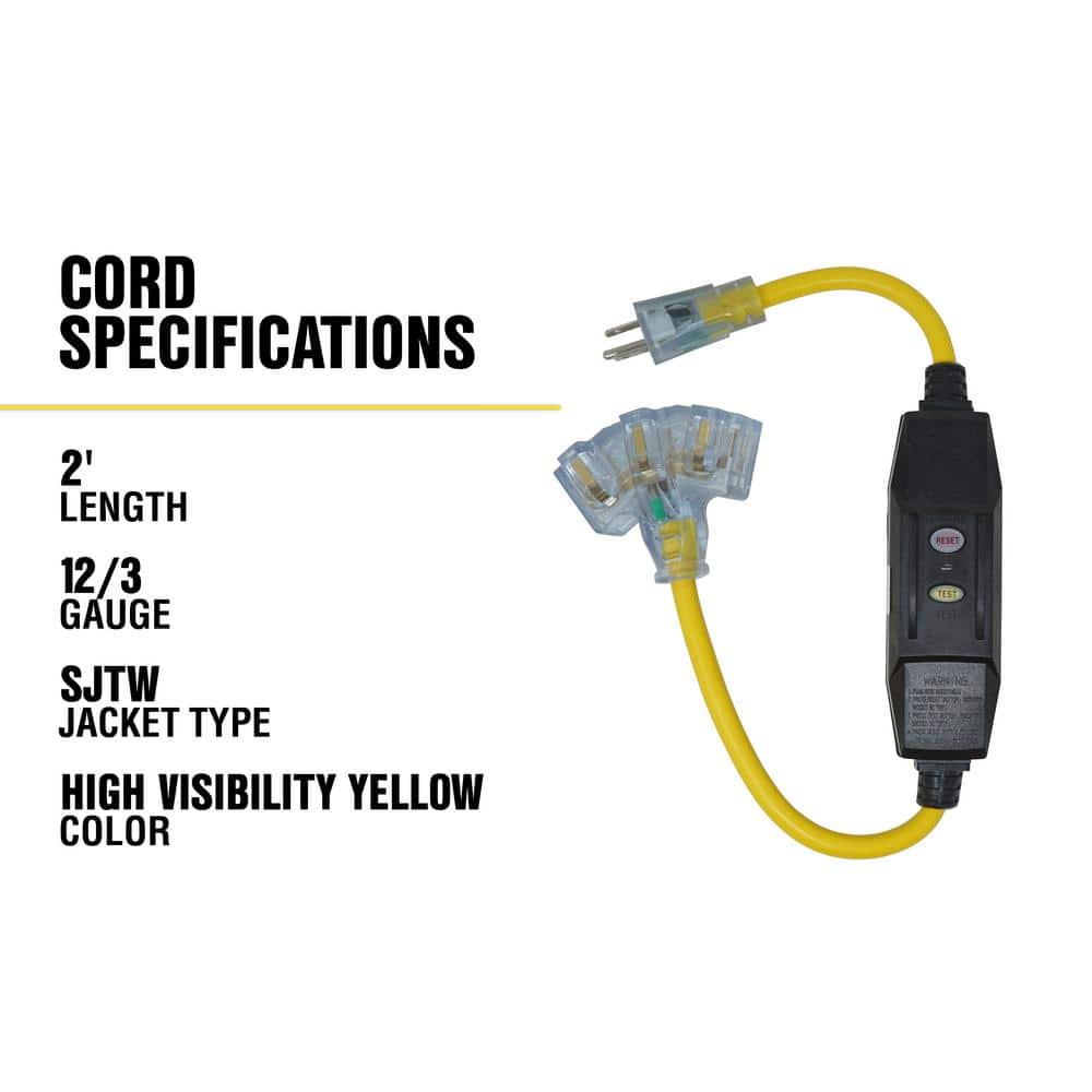 Yellow 2 ft. Triple Outlet Cord with GFCI and Lighted Power Block