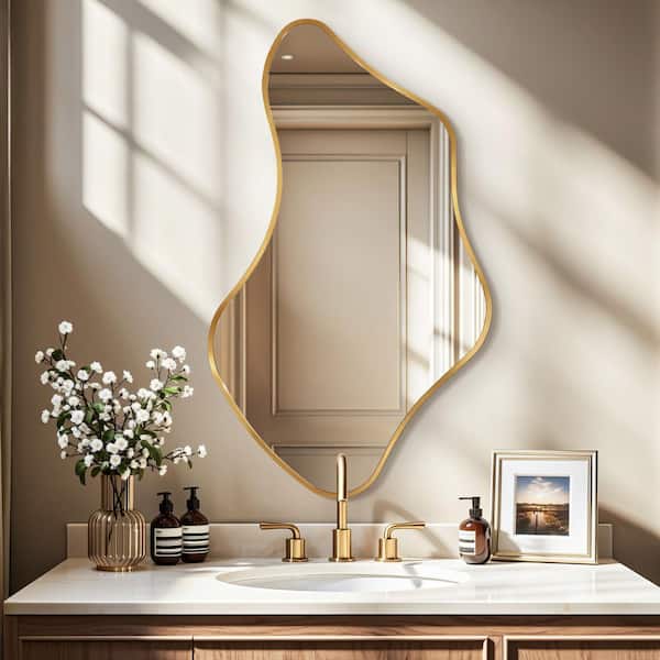 20 in. W x 36 in. H Irregular  Gold Aluminum Alloy Framed Wall Mirror Asymmetrical Wall Mirror