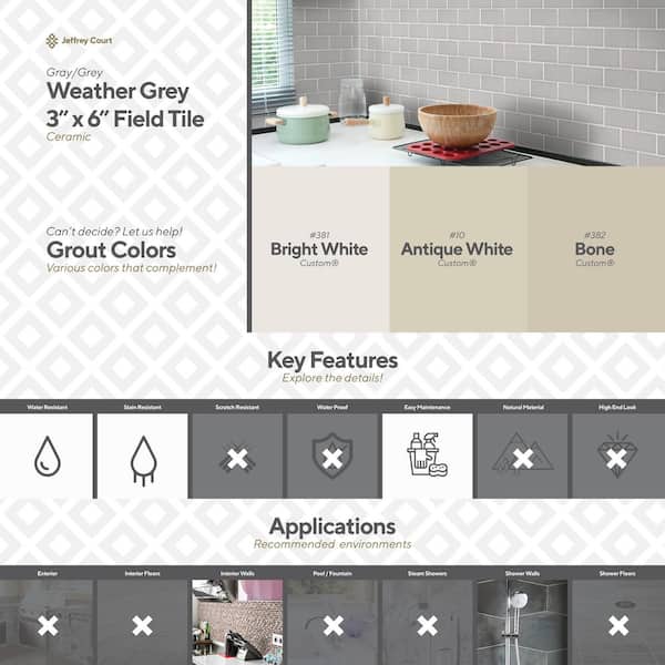 Jeffrey Court Weather Grey 3 in. x 6 in. Glossy Ceramic Wall Tile (12.5 sq. ft. / case) Jeffrey Court Weather Grey 3 in. x 6 in. Glossy Ceramic Wall Tile (12.5 sq. ft. / case)