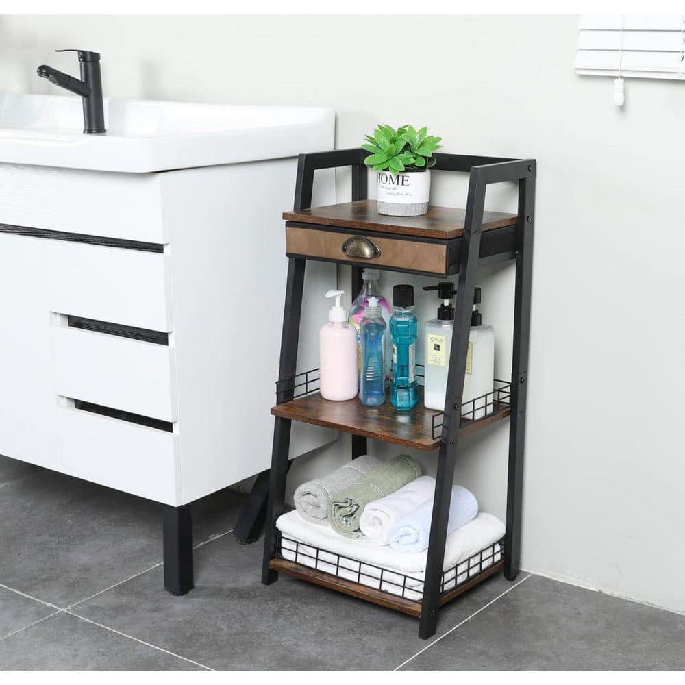Rustic Brown 3-Tier Freestanding Ladder Shelf with Drawer
