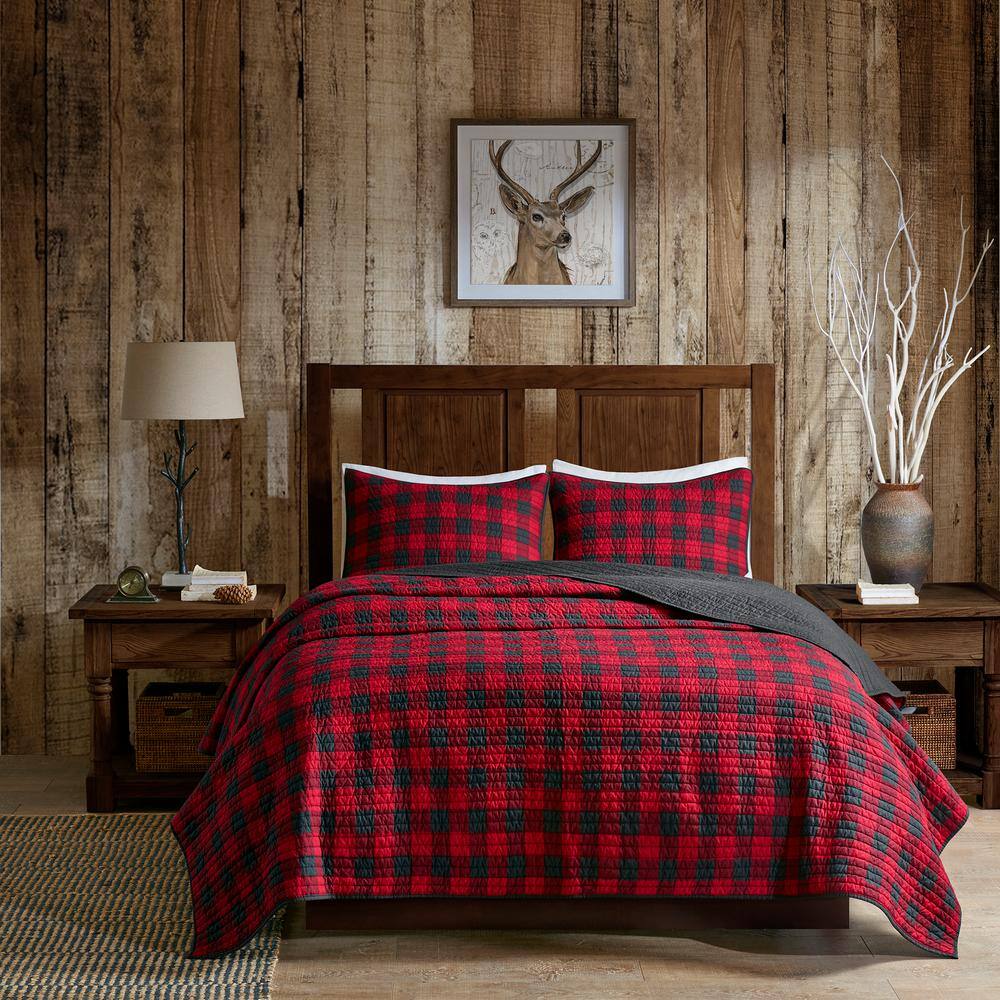 King Red Cotton Reversible Buffalo Check Quilt Set