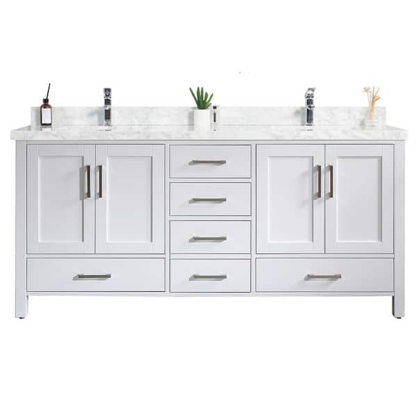Willow Collections Malibu 72 in. W x 22 in. D x 36 in. H Double Sink Bath Vanity in White with 2 in. Carrara Marble Vanity Top