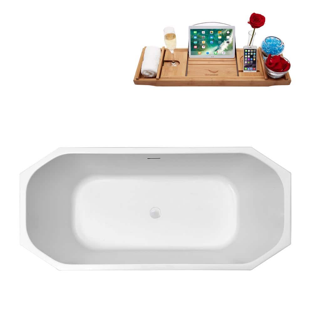 63'' Glossy White Freestanding Acrylic Bathtub with Bamboo Tray