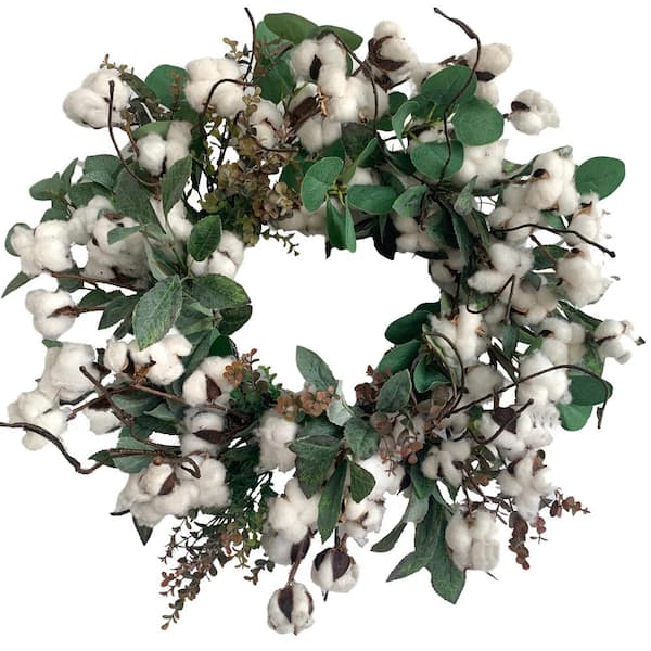 Glitzhome 24 in. Unlit Green Artificial Christmas Wreath with Cottons and Leaves