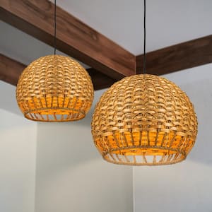 Gertrue 60-Watt 1-Light Modern Farmhouse Brown Woven Rattan Dome Pendant Light with Handwoven Bamboo Rattan Globe Shade