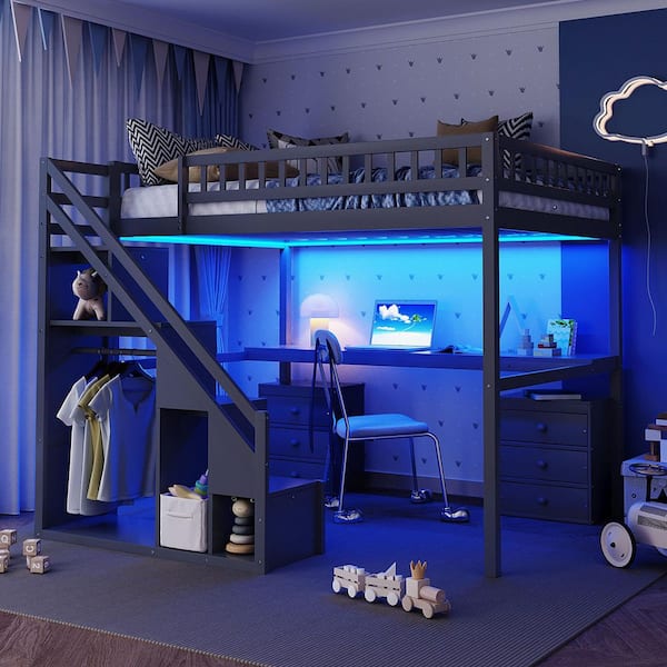 Gray Full Size Wood Loft Bed with Storage Staircase, Desk, Light Strip and 2 Chest of Drawers