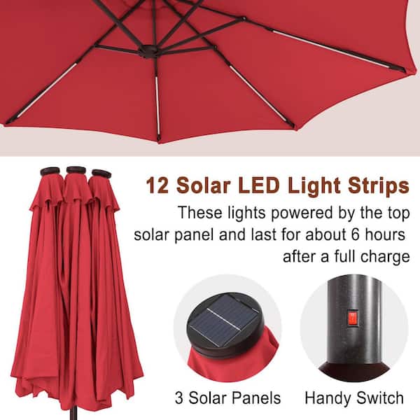 15 ft. Patio Solar Market Umbrella Double-Sided Outdoor Umbrella with Base and Detachable Light Strip in Red