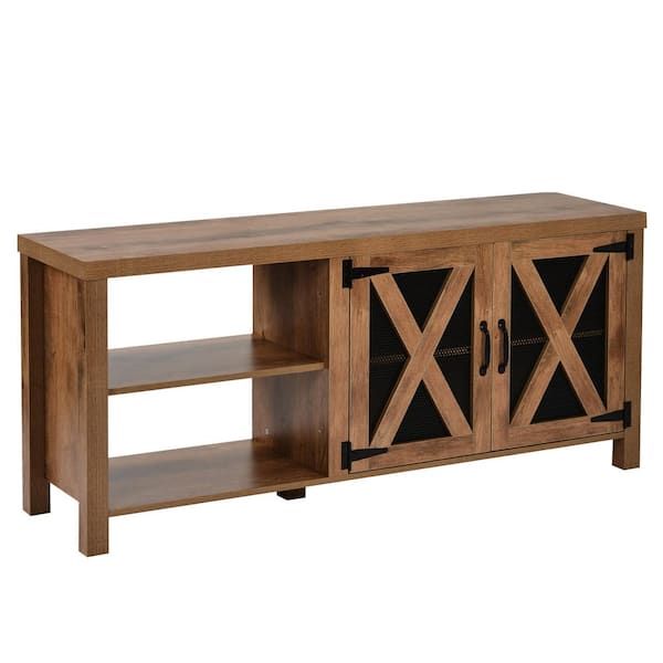 aisword 57 in. TV Stand with Barn Door, 2-Open Compartments, Cable Management, TV Table for TVs up to 57 Inches - Brown