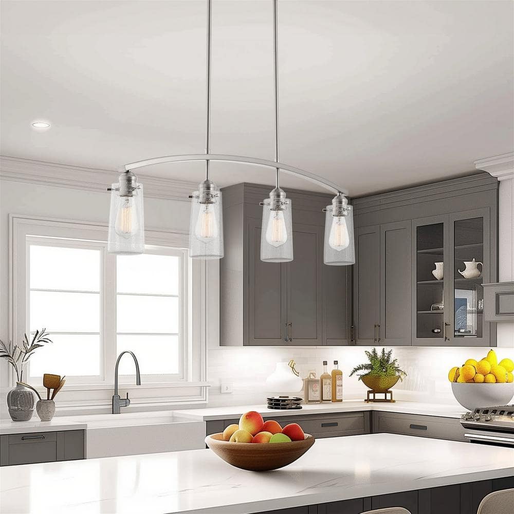 Brushed Nickel Linear Island Chandelier with Seeded Glass Shades