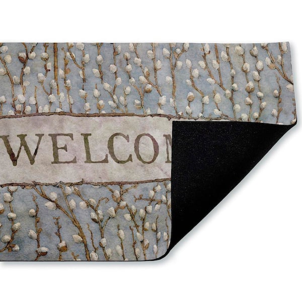 Pussywillow Welcome Pattern Blue 18 in. x 30 in. Polyester Non-Slip Outdoor Door Mat