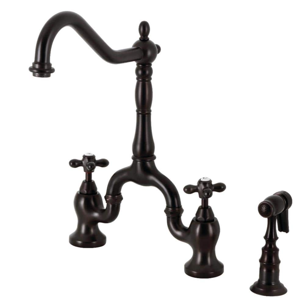 English Country Double Handle Deck Mount Gooseneck Bridge Kitchen Faucet with Brass Sprayer in Oil Rubbed Bronze price history on PriceWatchPro