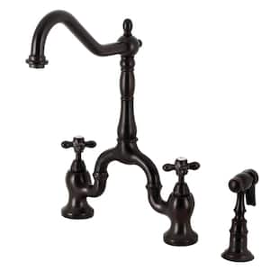 English Country Double Handle Deck Mount Gooseneck Bridge Kitchen Faucet with Brass Sprayer in Oil Rubbed Bronze