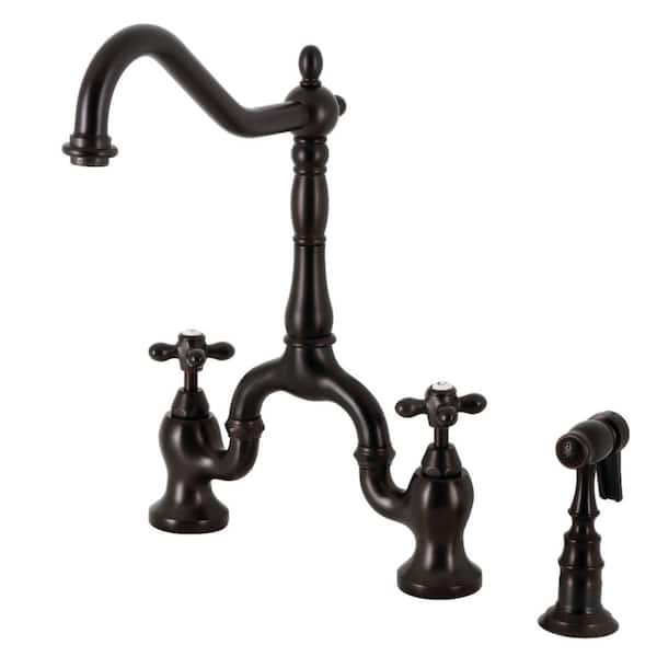 Kingston Brass English Country Double Handle Deck Mount Gooseneck Bridge Kitchen Faucet with Brass Sprayer in Oil Rubbed Bronze