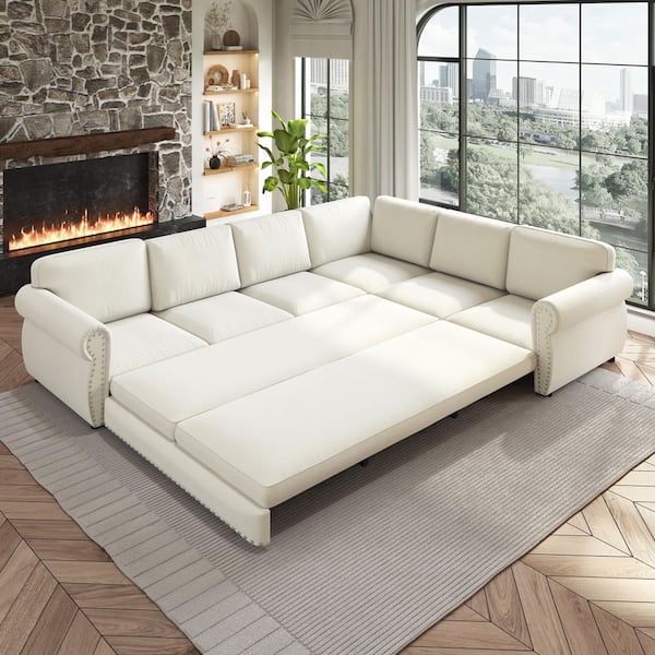 Oversize Convertible 118 in. Chenille Fabric Sectional Sofa in. Beige with Nail head Trim, Pull-out Sofa Sleeper
