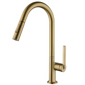 Single Handle Pull Down Sprayer Kitchen Faucet with Advanced Spray Single Hole Brass Kitchen Basin Taps in Brushed Gold