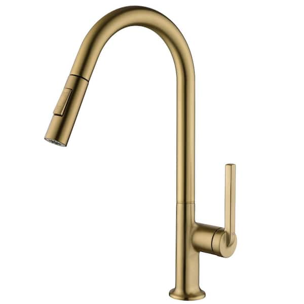 AIMADI Single Handle Pull Down Sprayer Kitchen Faucet with Advanced Spray Single Hole Brass Kitchen Basin Taps in Brushed Gold