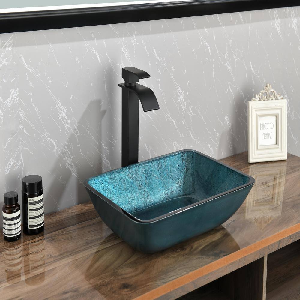 HBEZON Blue Glass Rectangular Vessel Bathroom Sink RSW92818LBU The