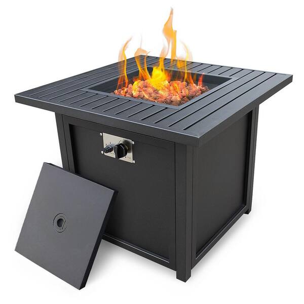 cenadinz 28.5 in. W x 24.4 in. H Outdoor Square Gas Fire Stainless Steel Gas Black Fire Pit Table with Pulse Ignitor