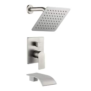 Single-Handle 1-Spray Tub and Shower Faucet with 8 in. Square Fixed Shower Head in Brushed Nickel (Valve Included)