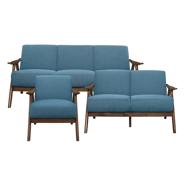 Lazzara Ocala 73 in. W. Slope Arm Textured Fabric Rectangle 3-Piece Living Room Sofa Set in Blue