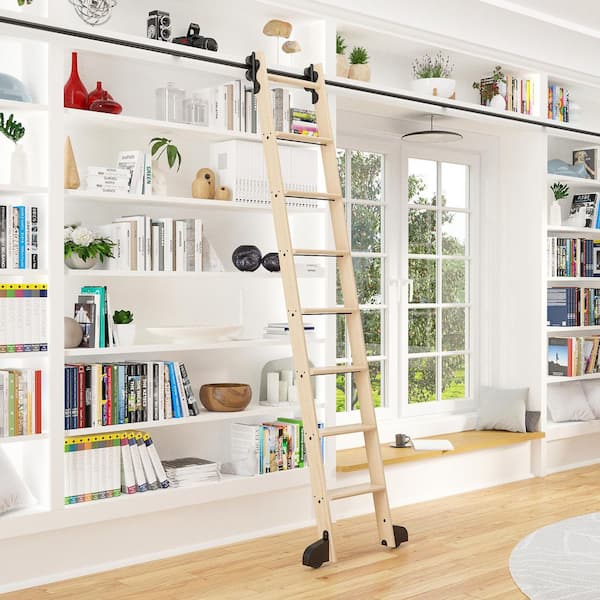 Quiet Glide 8.06 ft. Maple Library Ladder (9 ft. Reach) Black Contemporary Rolling Hardware 12 ft. Rail and Horizontal Brackets