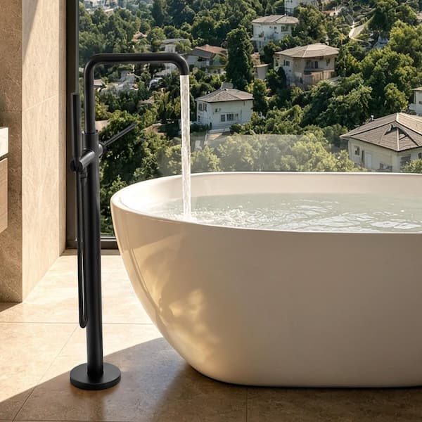 Single-Handle Freestanding Tub Faucet with Hand Shower Integrated Rock-Solid Anchored Design in Matte Black