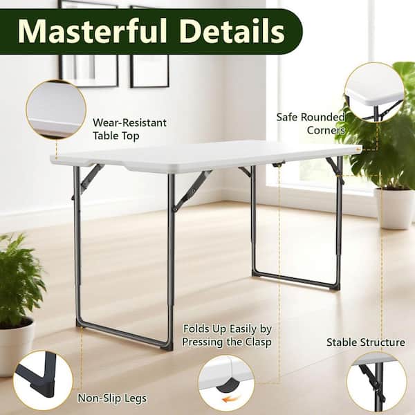 48 in. L Rectangle White Fold-in-Half Plastic Folding Table Small Adjustable Height Foldable Table