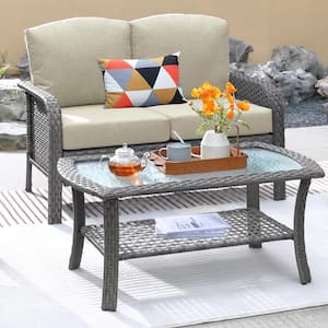 Hyacinth Gray 2-Piece Wicker Patio Outdoor Conversation Loveseat Set with a Coffee Table and Beige Cushions