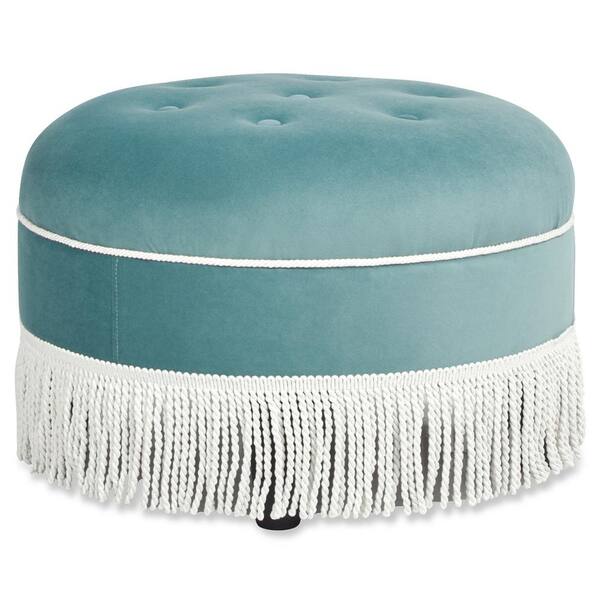 Jennifer Taylor Yolanda 24 in. Performance Arctic Blue Velvet Upholstered Round Accent Medium Ottoman