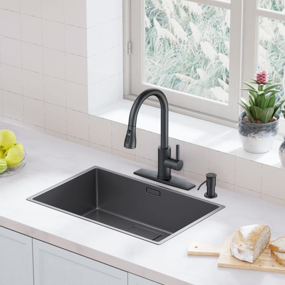 Matte Black Single Handle Pull Down Kitchen Faucet with Soap Dispenser
