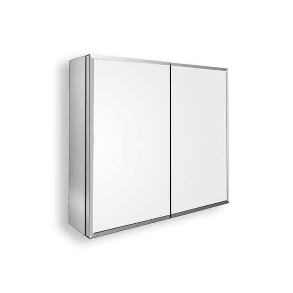 30 in. W x 26 in. H Silver Rectangular Aluminum Recessed or Surface Mount Medicine Cabinet, Medicine Cabinet with Mirror