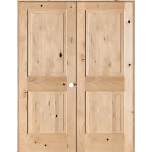 56 in. x 80 in. Rustic Knotty Alder 2-Panel Square Top Left Handed Solid Core Wood Double Prehung Interior French Door