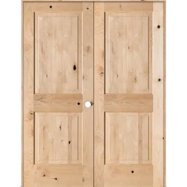 Krosswood Doors 56 in. x 80 in. Rustic Knotty Alder 2-Panel Square Top Left Handed Solid Core Wood Double Prehung Interior French Door